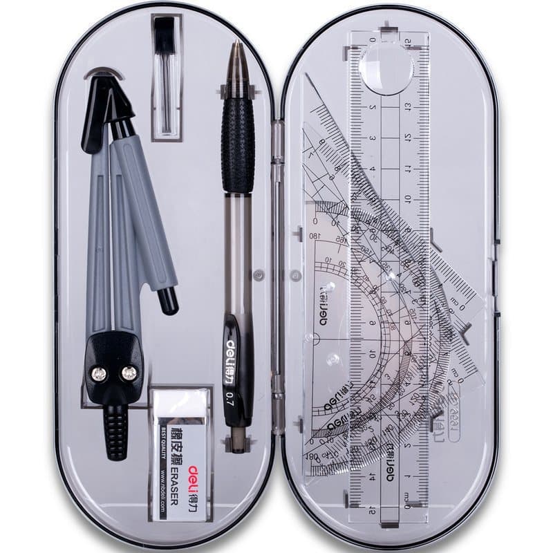 Deli Stationery Student Drawing Ruler Set Triangle Protractor Soft Ruler Compass Straight Ruler 15cm Set Wholesale
