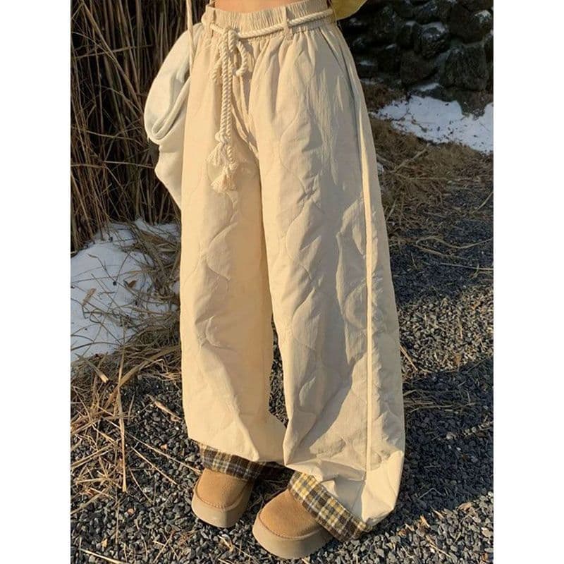 American Retro Quilted Windproof Down Cotton Pants Floor-Length Straight Pants for Women 2025 Autumn and Winter Elastic Waist Plaid Wide-Leg Pants