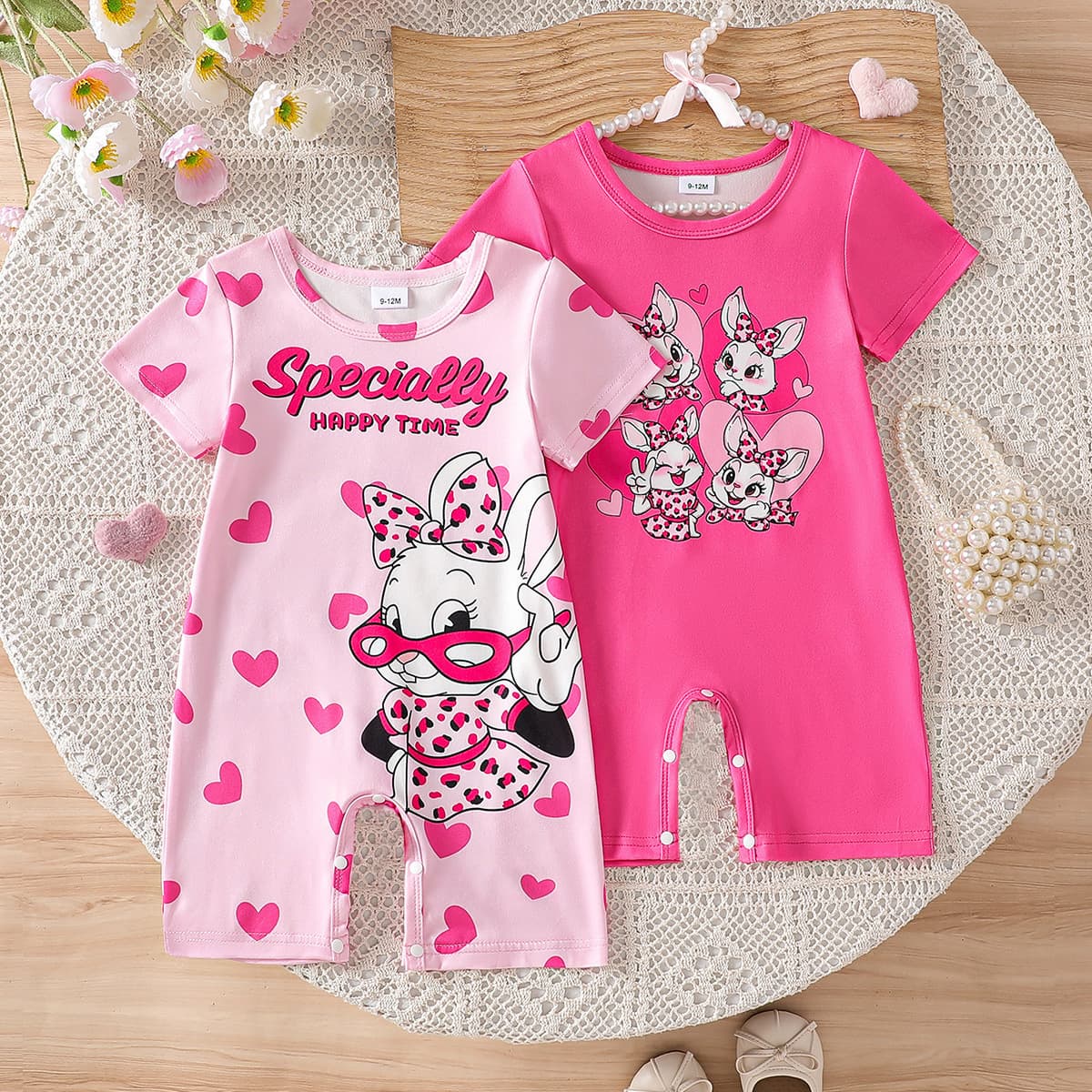 Summer baby boys round neck short-sleeved jumpsuit, cute and playful bunny pattern casual jumpsuit suit