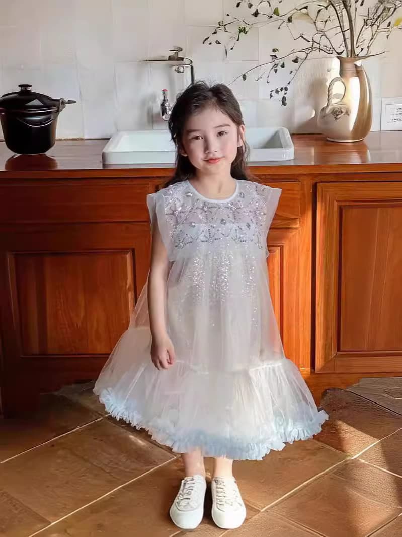 In Stock Girls Pearl Collar Tulle Princess Dress Performance Birthday Wedding Gown Cotton Fabric Runway