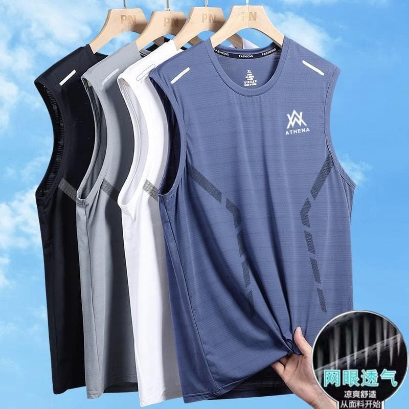 Foreign trade summer men's ice silk back breathable heart sports fitness bottoming shirt wide shoulder training sleeveless t-shirt waistcoat quick-drying