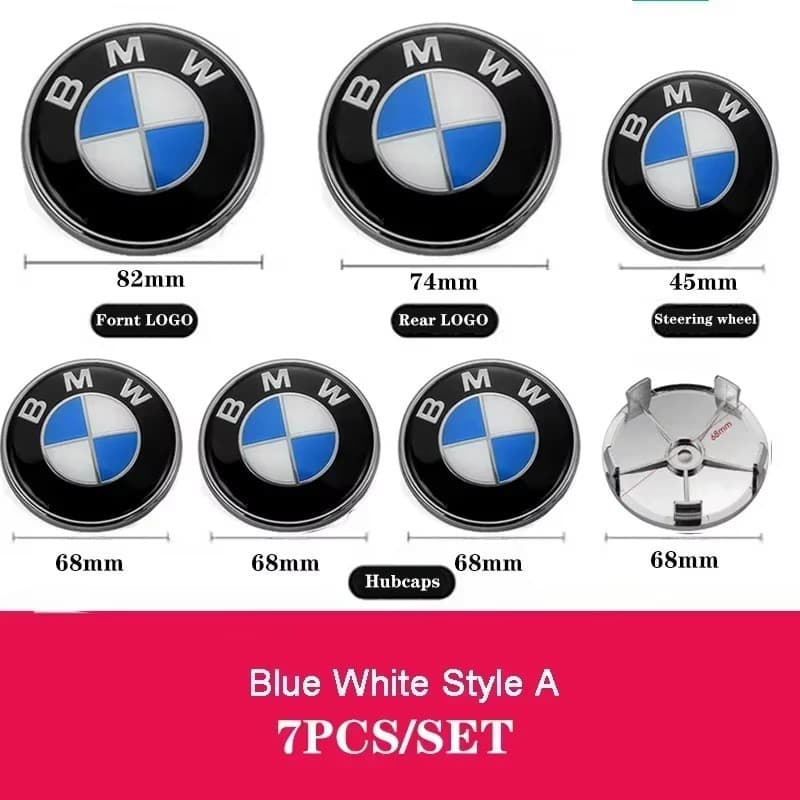 Compatible with BMW Full Car Emblem 7-Piece Set for 3 Series Steering Wheel Sticker X56 Blue-White Hood Front and Rear Tail Emblem Wheel Hub Cap