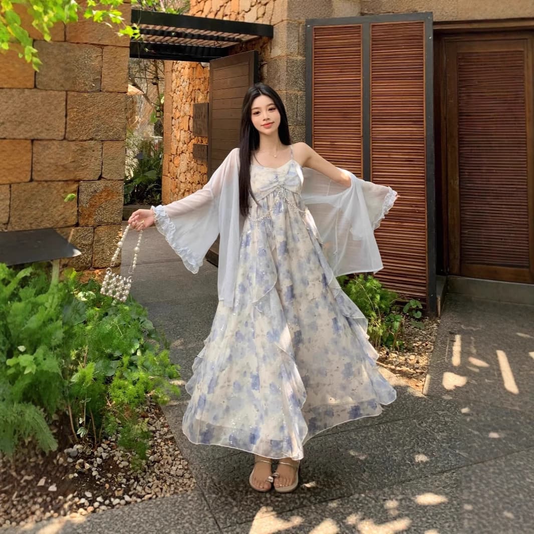 Plus Size Women's French Style Sweet Floral Dress Summer New Suspender Skirt Plus Cardigan Two-Piece Set