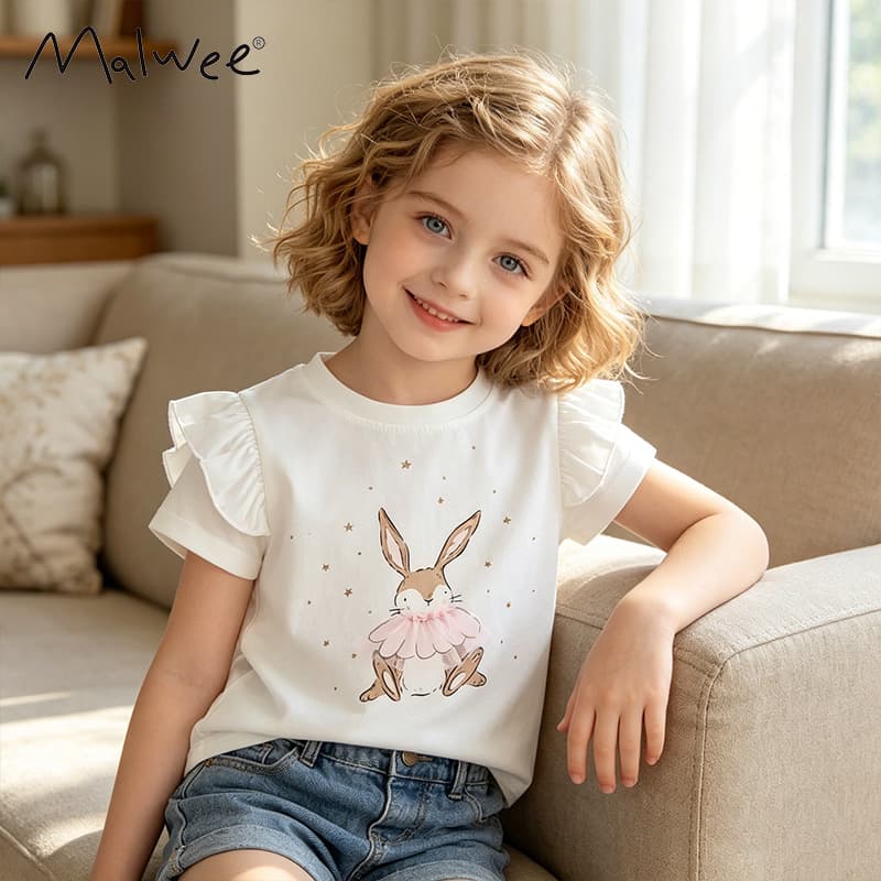 Malwee Girls T-Shirt Summer New European and American Style Casual Short Sleeve Cute Little Girl Top