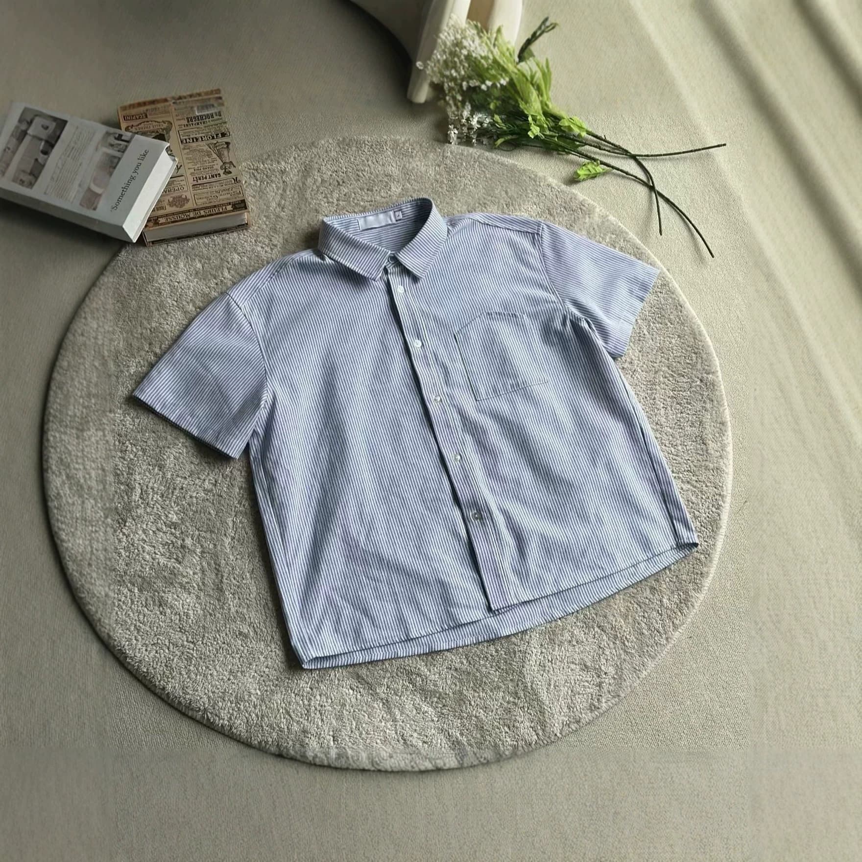 Premium Light Blue Striped Short Sleeve Shirt Cleanfit Versatile Summer Relaxed Boxy Fit Shirt