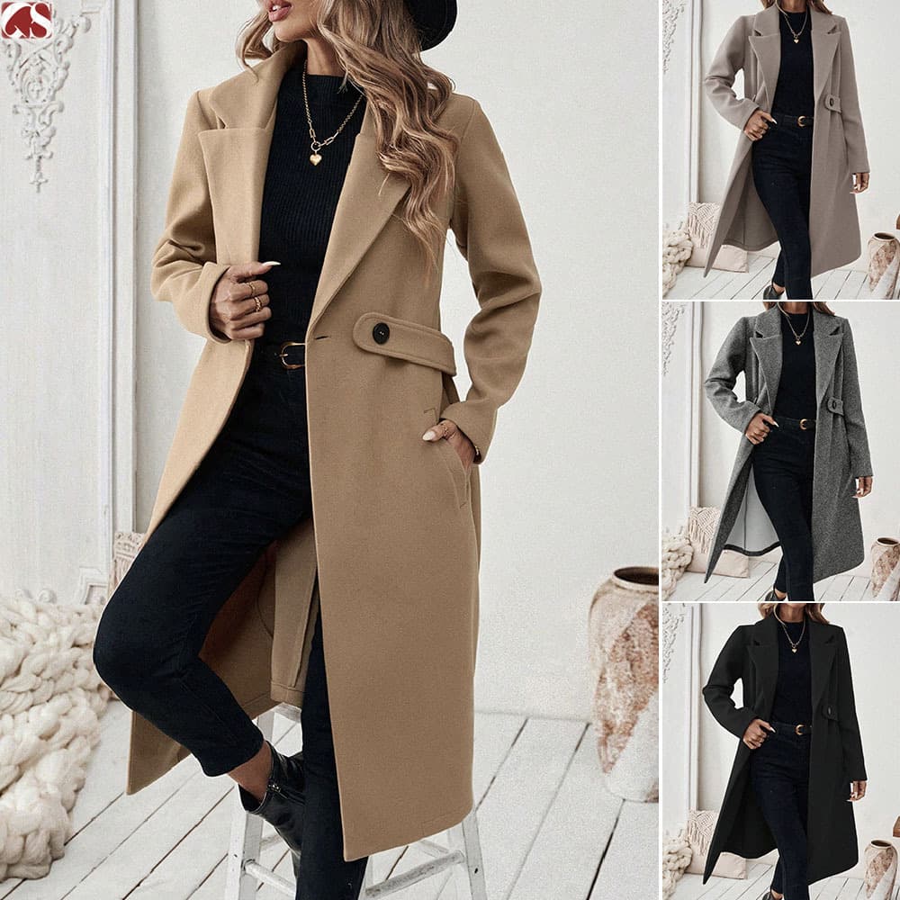 Amazon Independent Site Best Selling European and American Autumn and Winter Woolen Coat Long Lapel Slim Fit Women's Woolen Coat