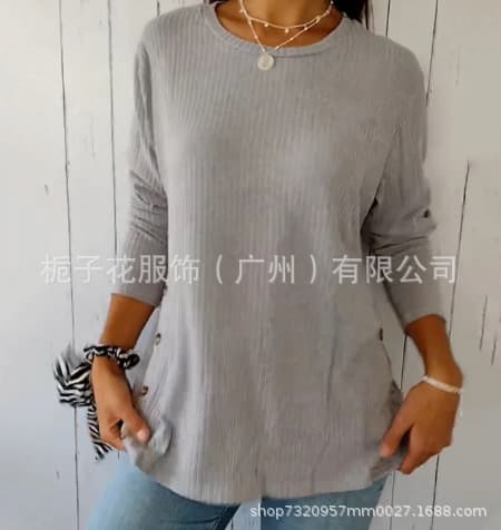 Amazon Cross-Border Women's T-Shirt Autumn/Winter Chic Irregular Ribbed Striped Top Button Casual T-Shirt for Women