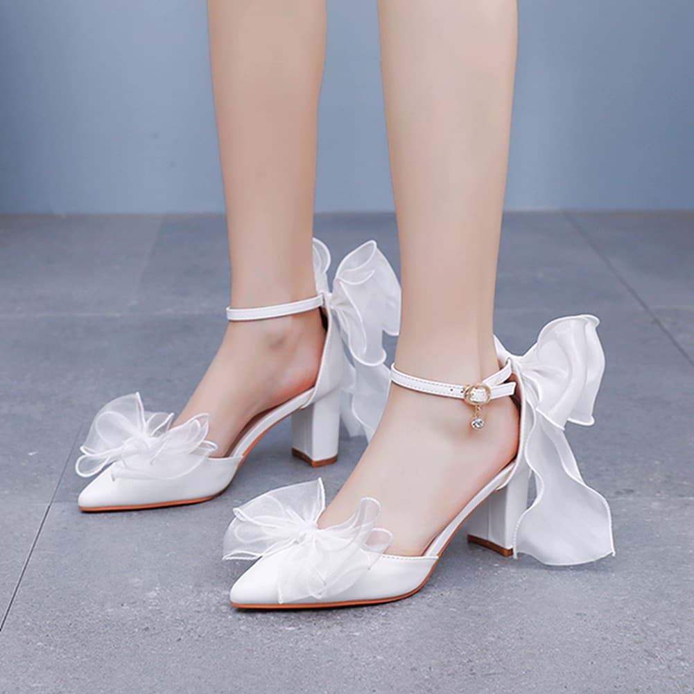 7cm Chunky Heel Pointed Toe Sandals with Ribbon, White Swallowtail Butterfly Wedding Bride High Heels Large Size