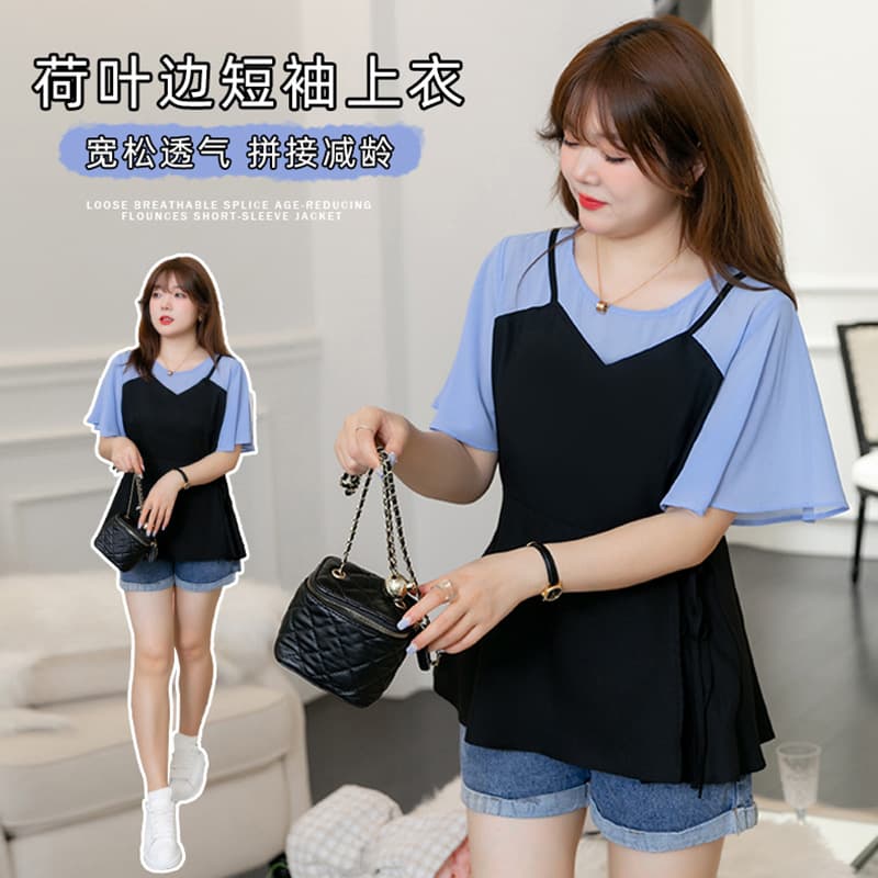 Plus Size Women's Clothing 2025 Summer New Short-Sleeved Chiffon Blouse for Curvy Women Up to 200 lbs, Conceals Tummy, Slimming, Faux Two-Piece Style Top