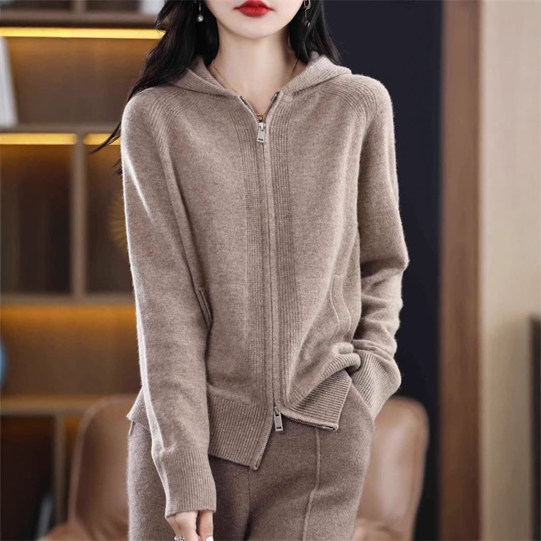 Elegant Double Zipper Hooded Solid Knit Sweater for Women 2025 Fall Winter New Pocket Casual Loose Plus Size Sweater