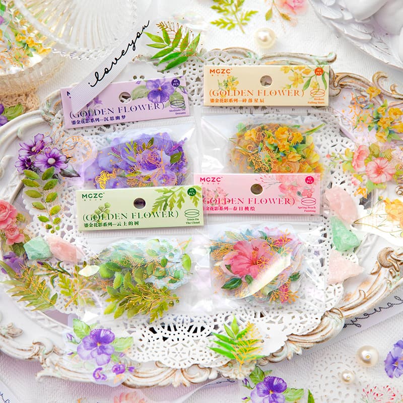 Twilight Golden Flower Shadows Series Stickers Vintage Plant Flowers Hand Account DIY Decorative Mobile Phone Case Stickers
