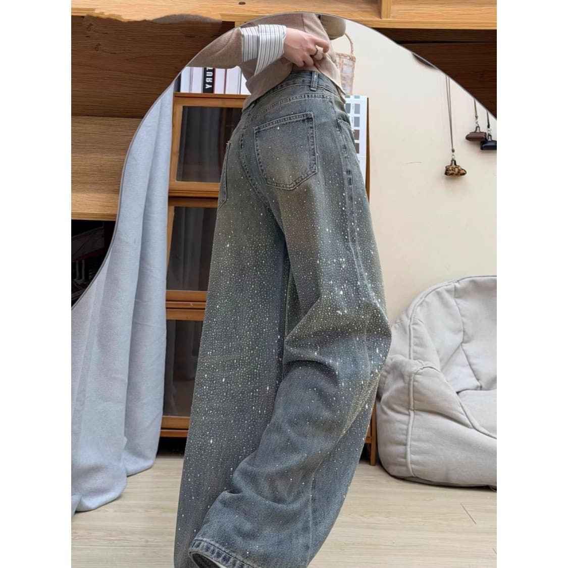 American Plus Size Retro Starry Rhinestone Patchwork Jeans for Women, Hot Girl Design, Fashionable and Versatile Floor-Length Pants