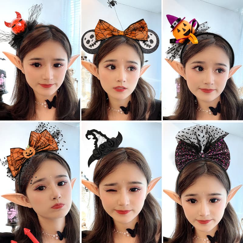 Cross-border Halloween Hair Accessories Headband with Pumpkin, Bat, Spider, Witch Hat, Mesh Headband for Night Market Stall, Light-up Headpiece