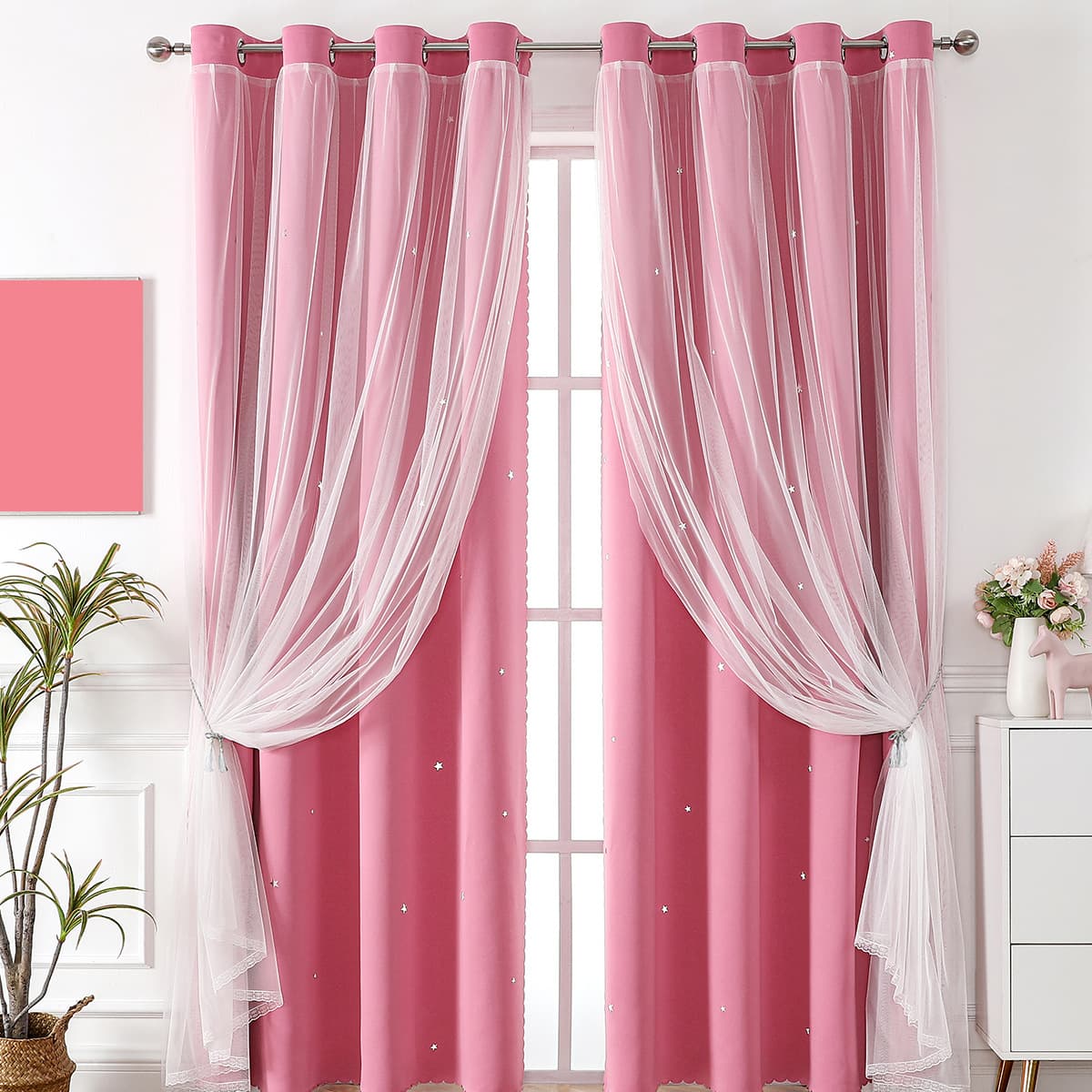 Cross-border Amazon Exclusive Lace Double-Layer Sheer Star Cutout Blackout Curtains Wholesale