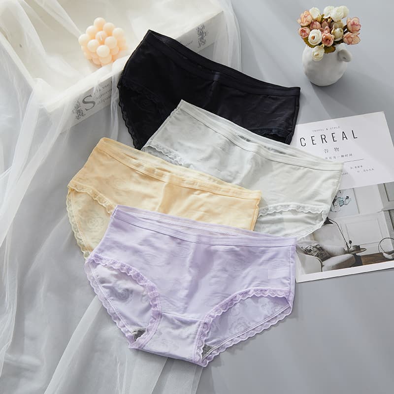 Ice Silk Underwear Women's Underwear Wholesale Jacquard Mid-Waist Underwear Graphene Bottom Breathable Lace Women's Underwear Summer