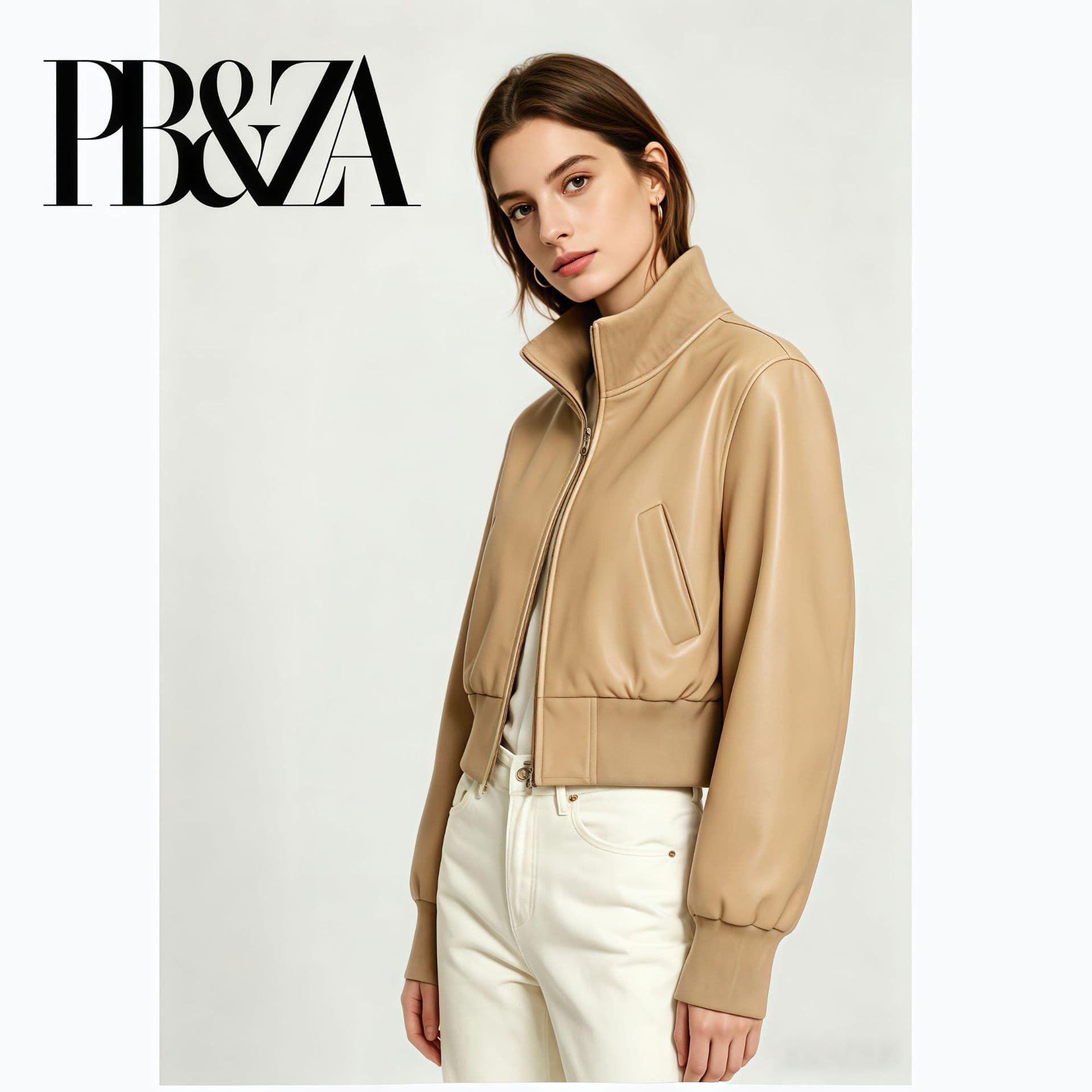 Pb&Za 2026 New Autumn Khaki Faux Leather Baseball Jacket Ribbed Waist Short Biker Leather Jacket for Women