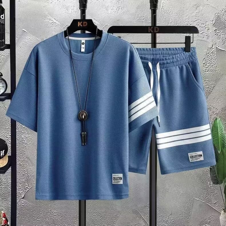 Sports suit summer thin waffle loose casual top T-shirt set with shorts and short sleeves two-piece set