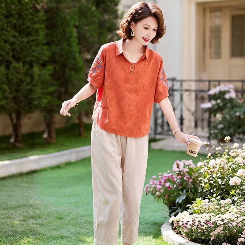 Mom's Summer Short-Sleeve T-Shirt Fashionable Mother's Day Outfit for Middle-Aged and Senior Women Casual Cotton-Linen Set