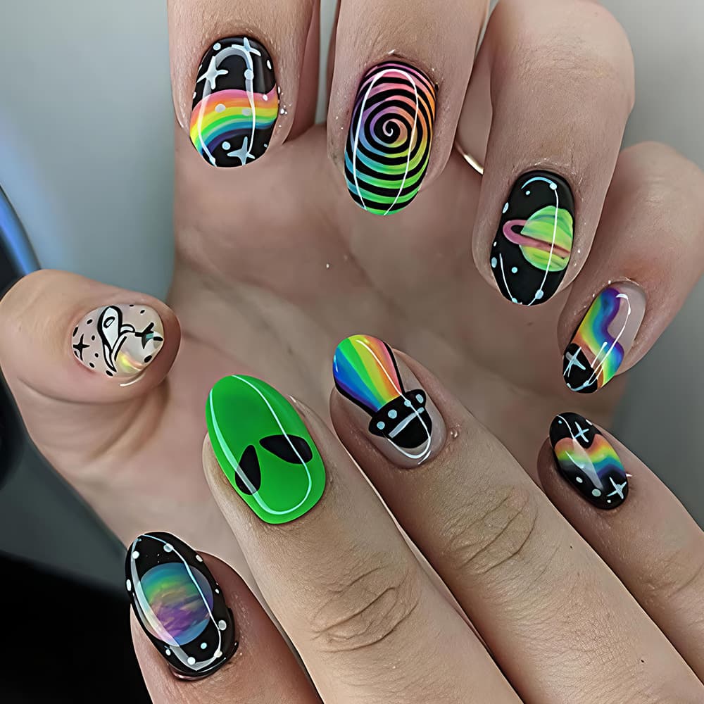 Alien Space Press-on False Nails Alien UFO Rainbow Beam Planet Futuristic Space False Nails