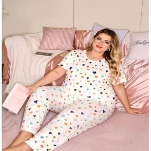 Plus Size Short Sleeve Long Sleeve Pajama Set White Heart Crewneck Two-Piece Set Custom Print Various Sizes Extra Wide