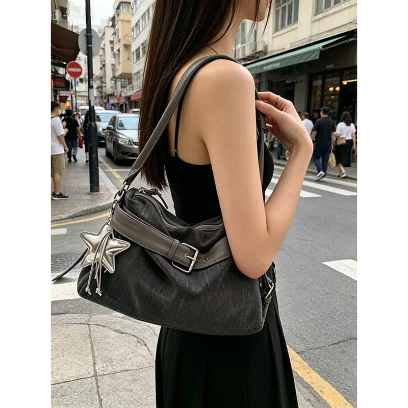 Matte Gray Lightweight Denim Bag Women's 2026 New Trendy Niche Underarm Bag Korean Large Capacity Motorcycle Bag