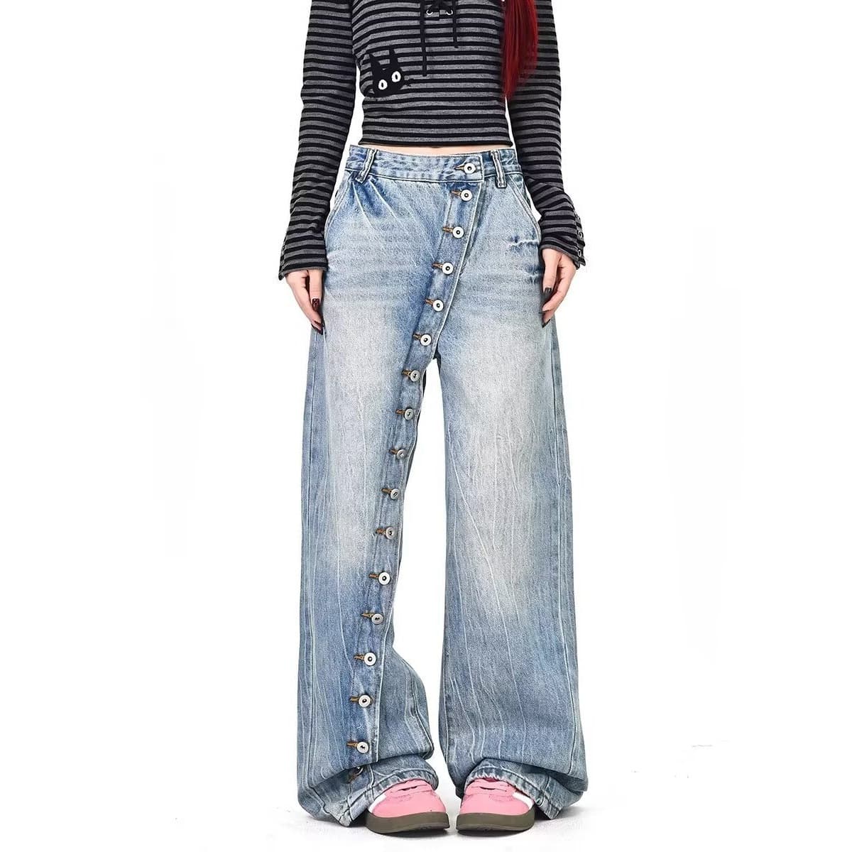 Plus Size American Retro Washed Button-Front Denim Jeans for Men and Women, Designer Casual Floor-Length Pants