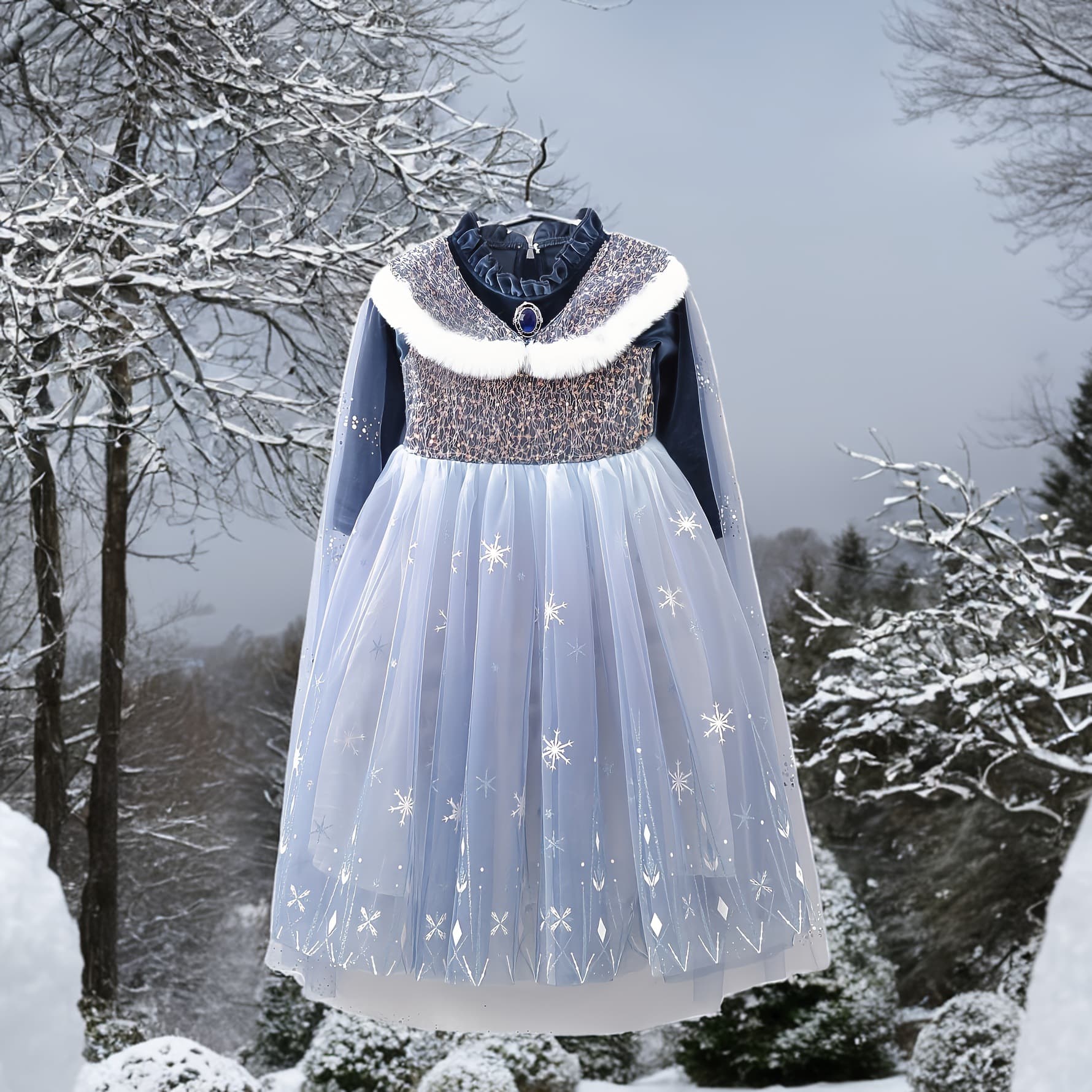 Spring and Autumn Ice and Snow Princess Dress for Girls, Long-Sleeved Dress, Frozen Elsa Princess Mesh Gradient Stylish Cape