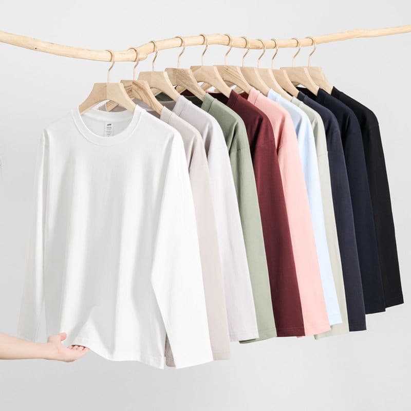 Men's long-sleeved solid color cotton T-shirt 2025 heavy trend round neck loose bottoming shirt autumn and winter fashion tops