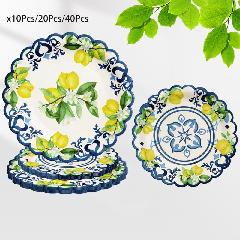 Cross-border Lemon Blue Flower Wavy Edge Disposable Paper Plates 7/9 Inch Birthday Party Cake Dessert Plates