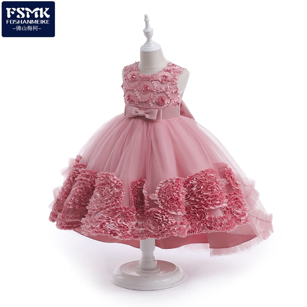 Girls Piano Performance Dress Puffy Flower Skirt Tulle Wedding Gown Children's Fashion Show Off-Shoulder Tail Skirt