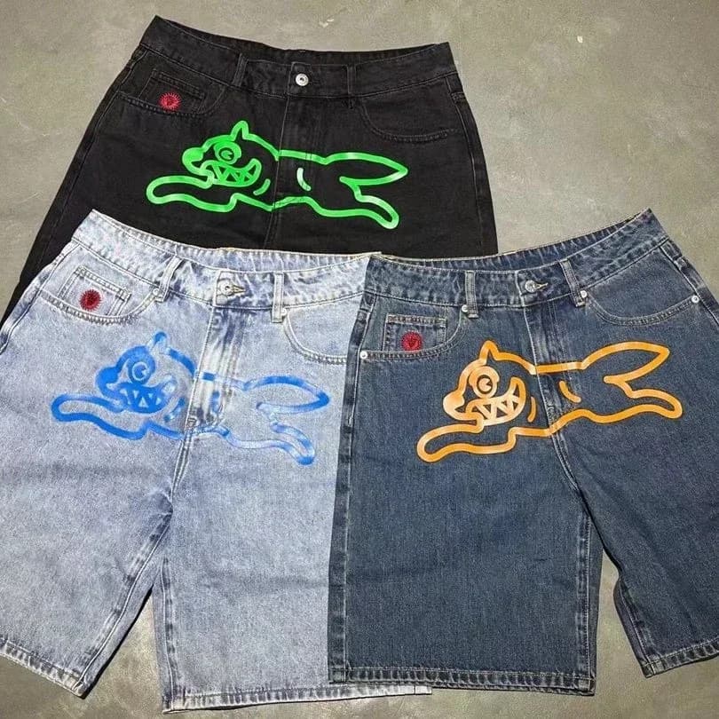 Cross-Border AliExpress European and American Hip-Hop Flying Dog Print Denim Shorts Men's High-Street Trend Ins Casual Five-Point Shorts