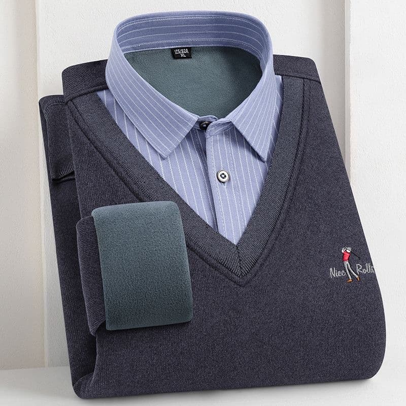 Men's fleece-lined, thickened faux two-piece shirt, V-neck, warm pullover sweater, base layer, knitwear for autumn and winter.