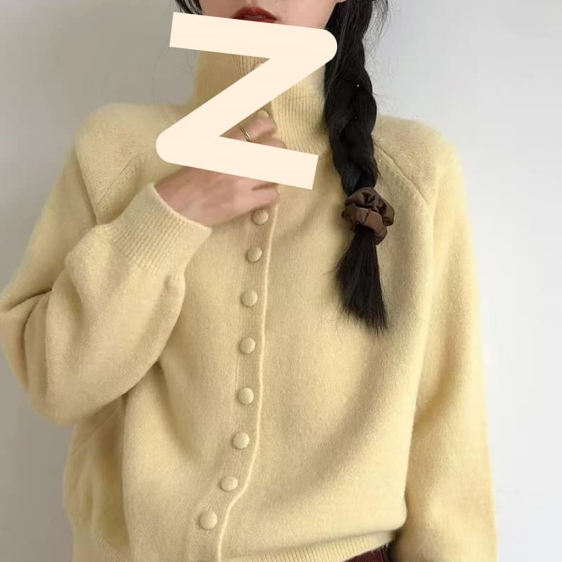 Korean-style Lazy High Neck Knit Cardigan for Women, 2025 Autumn/Winter New Vintage Loose Sweater Coat in Black