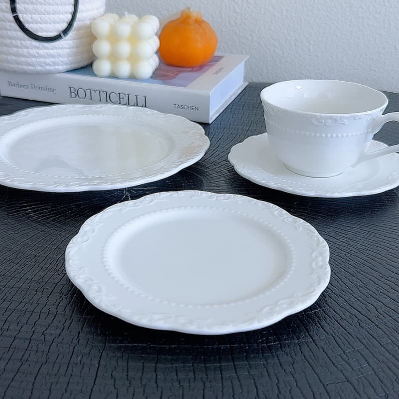 8-inch White Embossed Vine Pearl Dot Palace Style Ceramic Shallow Plate, Western Dinner Plate, Cake Plate, Household Stir-fry Plate
