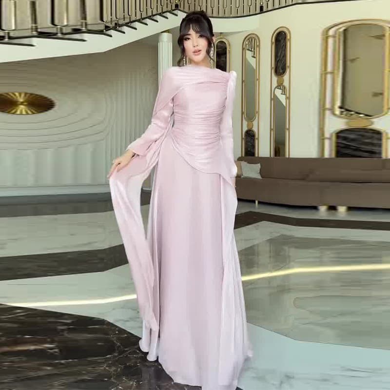 2026 new European and American Amazon cross-border foreign trade women's pleated slim round neck long-sleeved French elegant dress