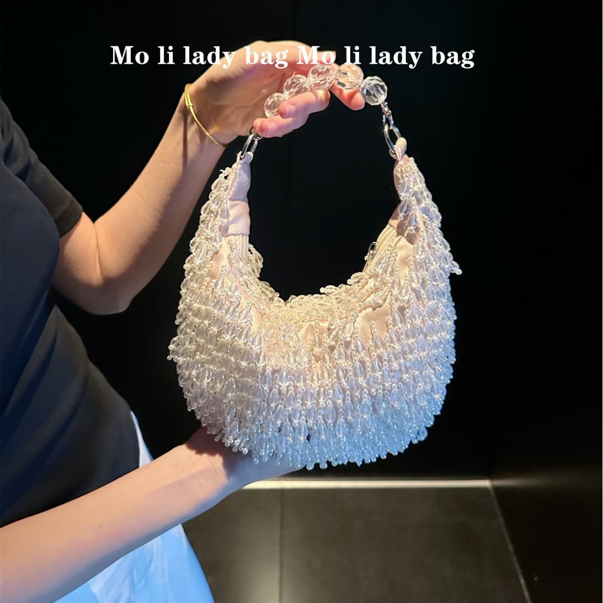 Vintage Indian handmade beaded crystal short tassel handbag crescent satin cross-body bag handbag