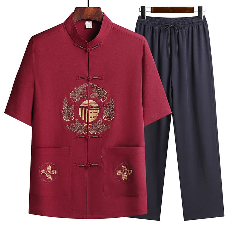 Short Sleeve Men's Tang Suit, Cotton Linen Imitation, Chinese Style Set for Father and Grandpa, Middle-Aged and Elderly Hanfu, Business Casual