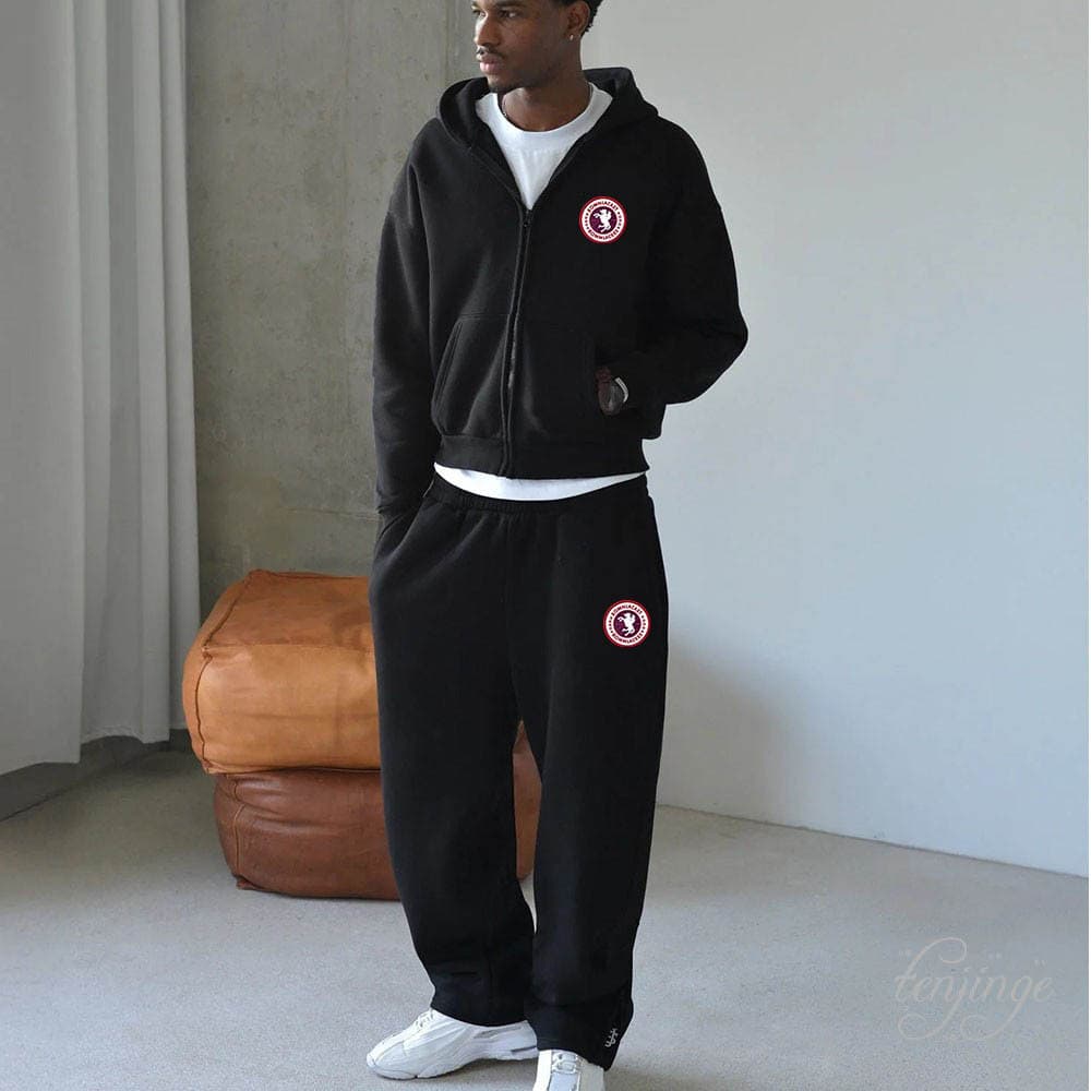 European and American Cross-Border New Street Style Hip-Hop Zip-Up Hoodie, Loose Fit Printed Sports Set for Men and Women