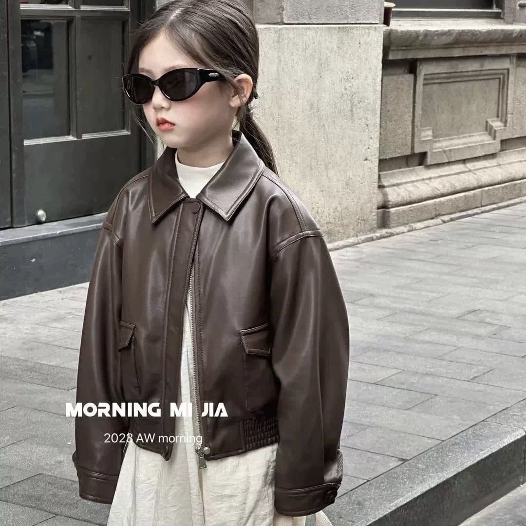 Boys and Girls Jacket 2026 Spring/Autumn Retro PU Leather Casual Jacket Stylish Lined Top Cool Winter