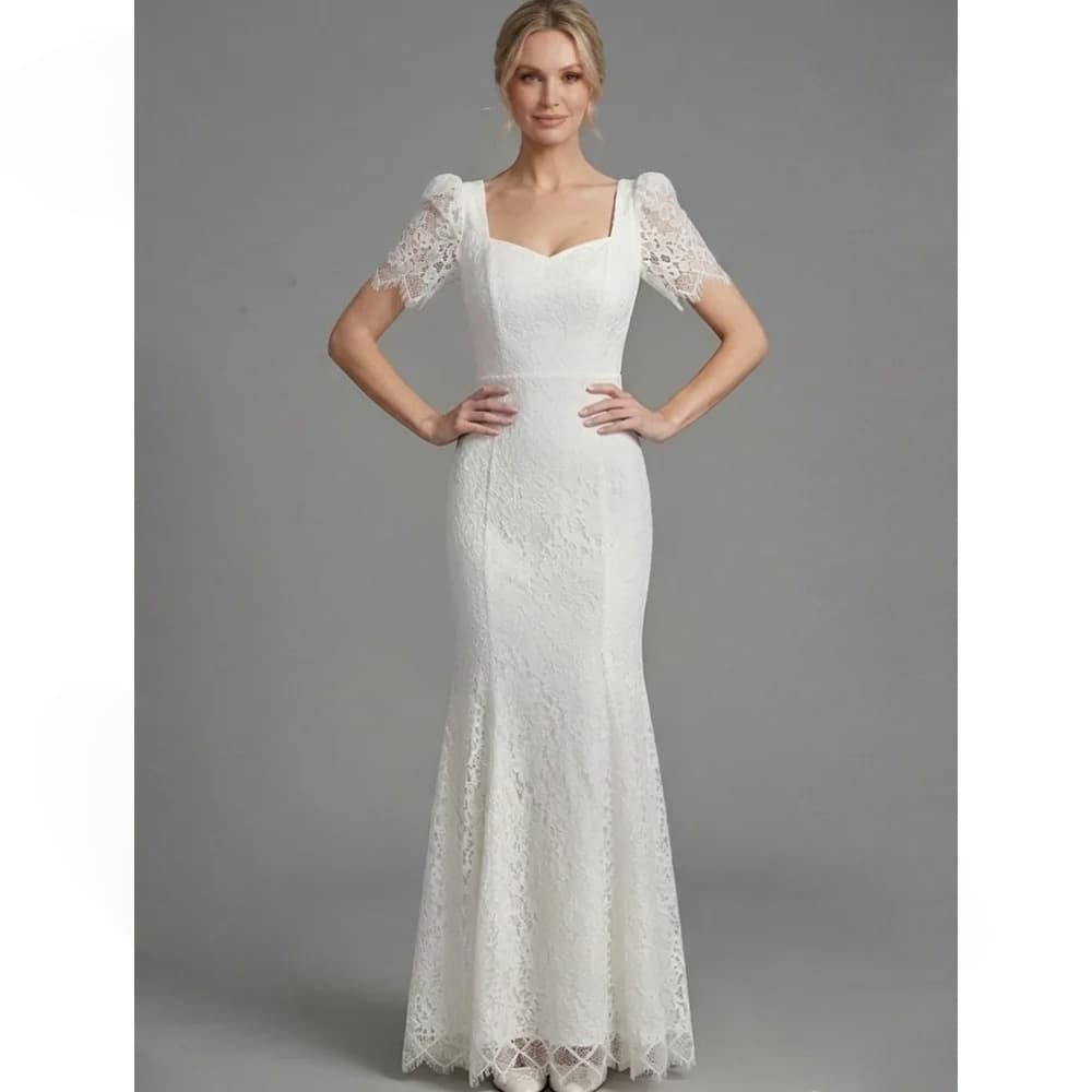 French Light Wedding Dress Square Neck Lace Bubble Short Sleeve Mermaid Slim Fit Bride Main Dress Forest Wedding Dress Wholesale