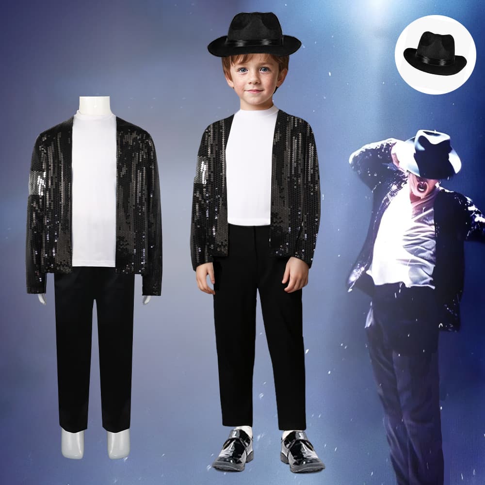 Michael Jackson Stage Costume Imitation Show Glitter Kids Boys Girls MJ Cosplay Full Set