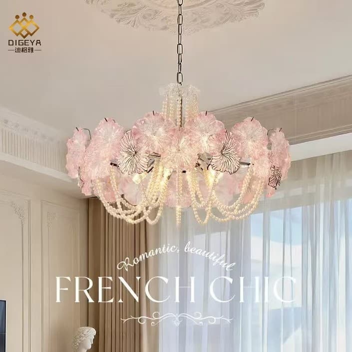 Digya French-Style Minimalist High-End Living Room Main Light, Cream-Style Pearl Romantic and Cozy Bedroom Flower Pendant Light