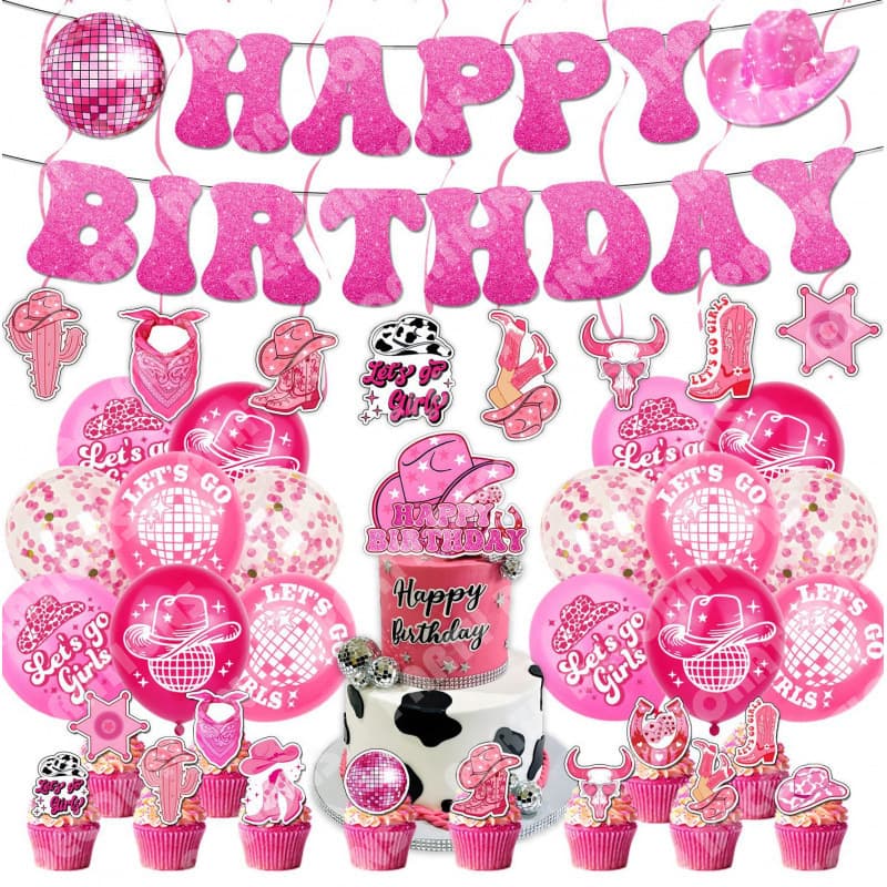 Pink Girl Disco Cowboy Birthday Theme Party Decoration Props Banner Flag Balloon Set