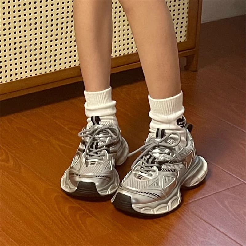 Paris Dad Shoes Women 2024 Autumn Winter New Thick Sole Chunky Petite Casual Shoes Sports Shoes Silver Women's