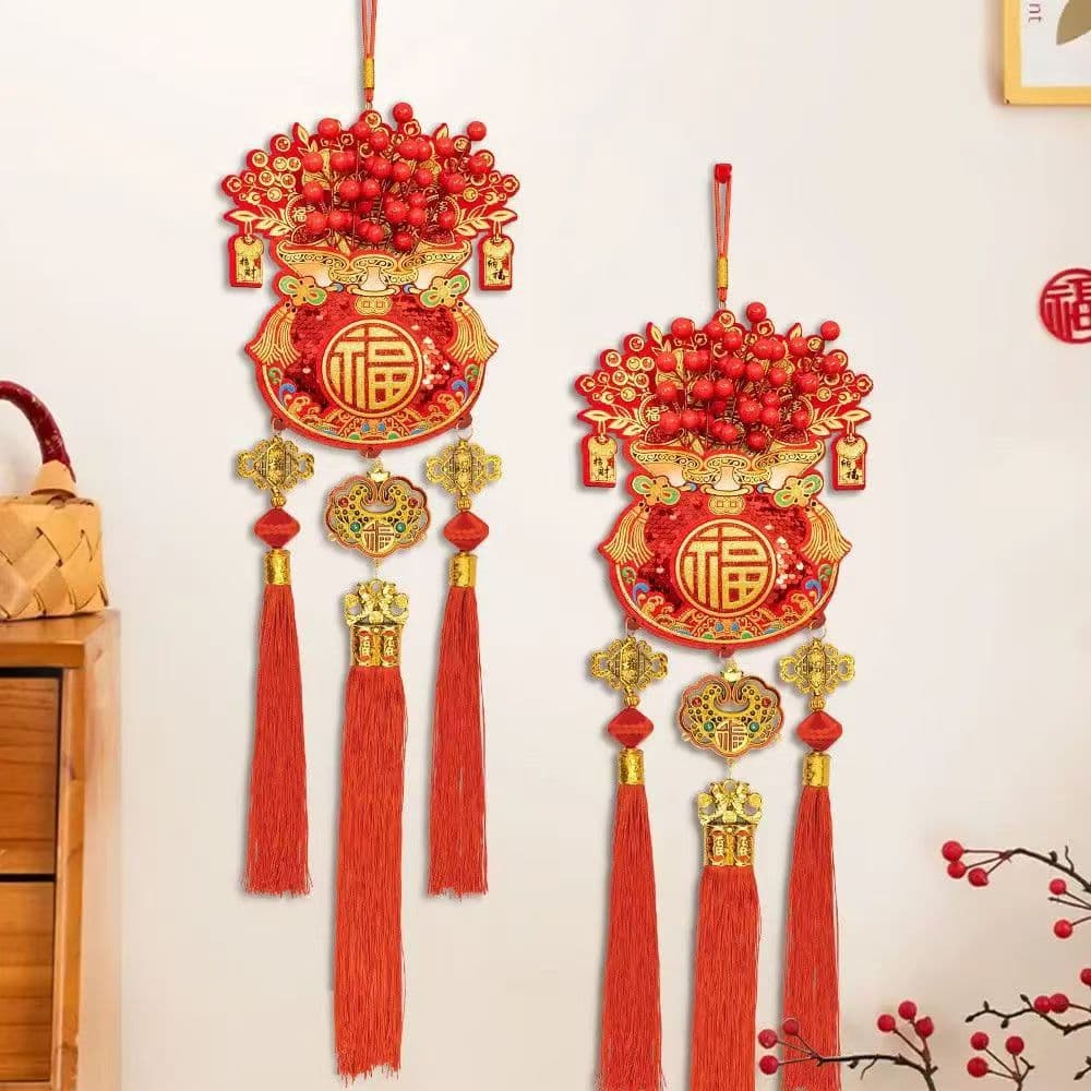 2026 New Spring Festival Festive Flocked Printed Lucky Bags, Red Berry Hanging Strings: Wholesale New Year Living Room Decor Hanging Pieces