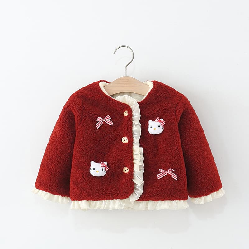 Korean Style Infants Lamb Wool Jacket Hello Kitty 3D Applique Exquisite Bow Little Luxe Jacket Wholesale