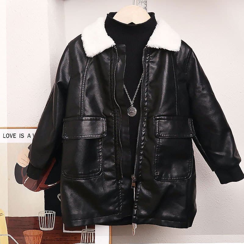 Children Leather Jacket Boys Girls 2023 New Korean Autumn Winter Fleece Lined Thickened Mid Long Boys Leather Coat