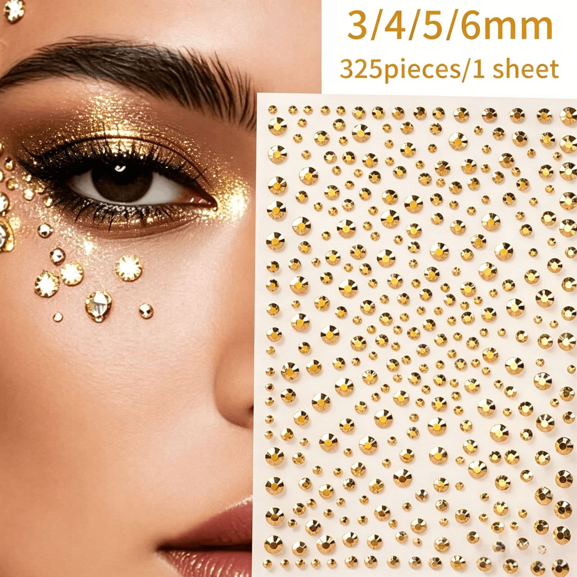 325pcs 3-6mm Gold Self-Adhesive Face Gems Stage Eye Makeup Tear Gems Party Face Decoration Nail Art Decorations