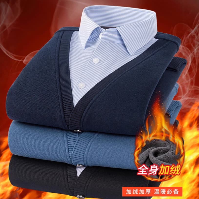 Men's winter wool sweater, faux two-piece shirt, fleece-lined, thick, warm, comfortable, stylish men's clothing for layering or wearing on its own.