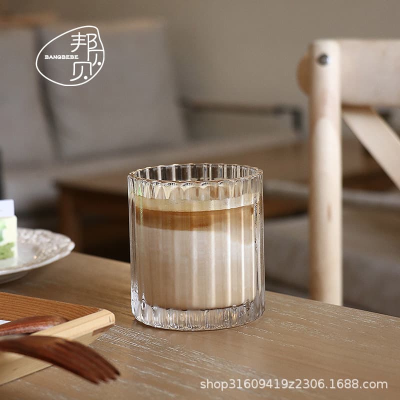 Glass Ins Style Cup for Cold Brew Iced American Coffee, Simple Striped Water Cup, Women's South Korean Small Fresh and Cute